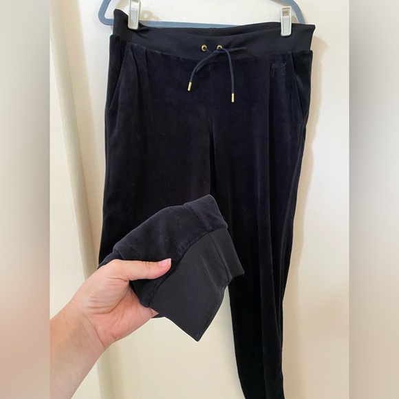 Juicy Couture Black Velour Joggers Size L Rib Waist Drawstring Y2K Track Joggers - Picture 6 of 6